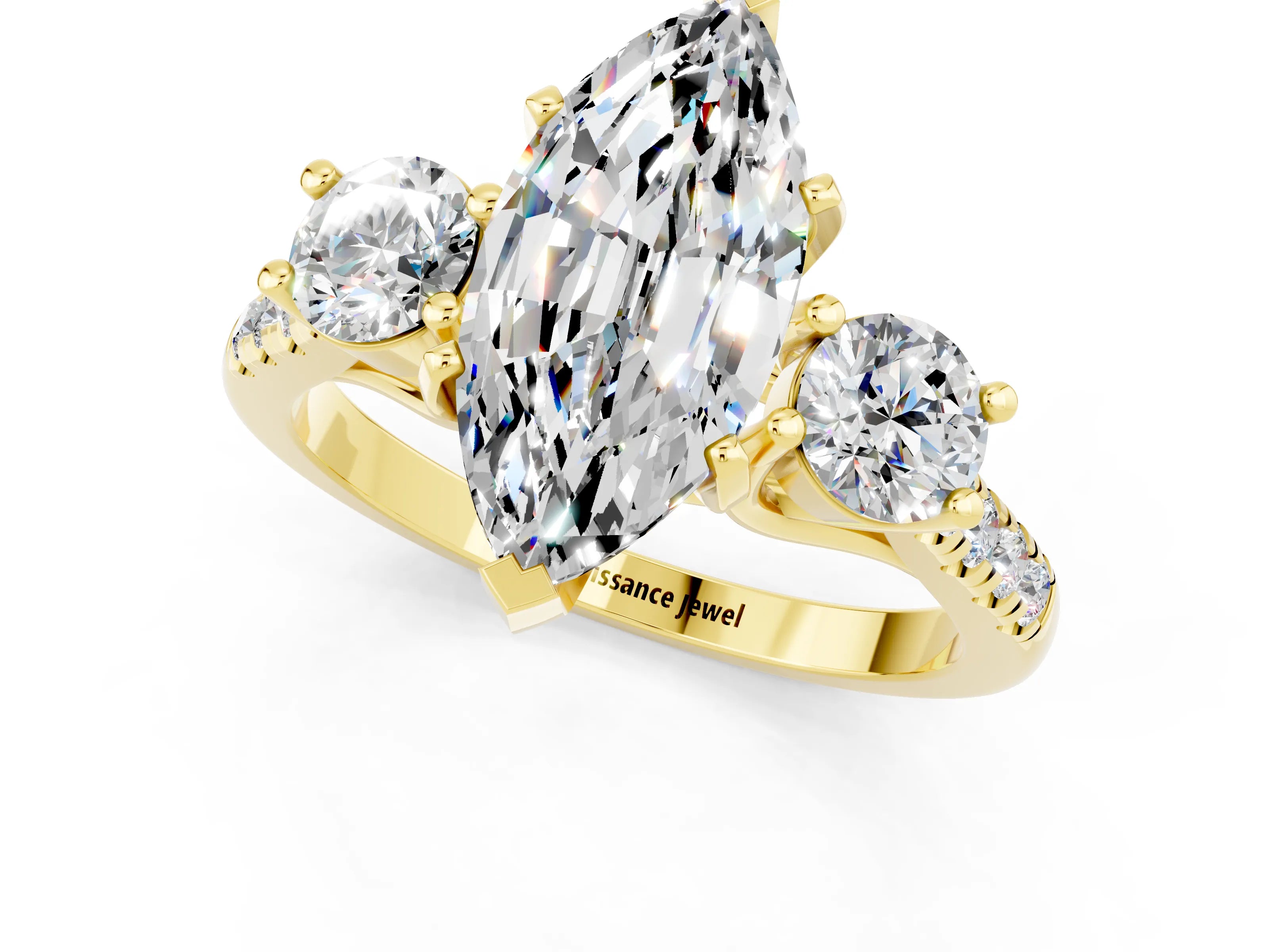 Yellow gold Three-Stone Marquise Cut Moissanite Pavé Band with Four-Prong Setting_1