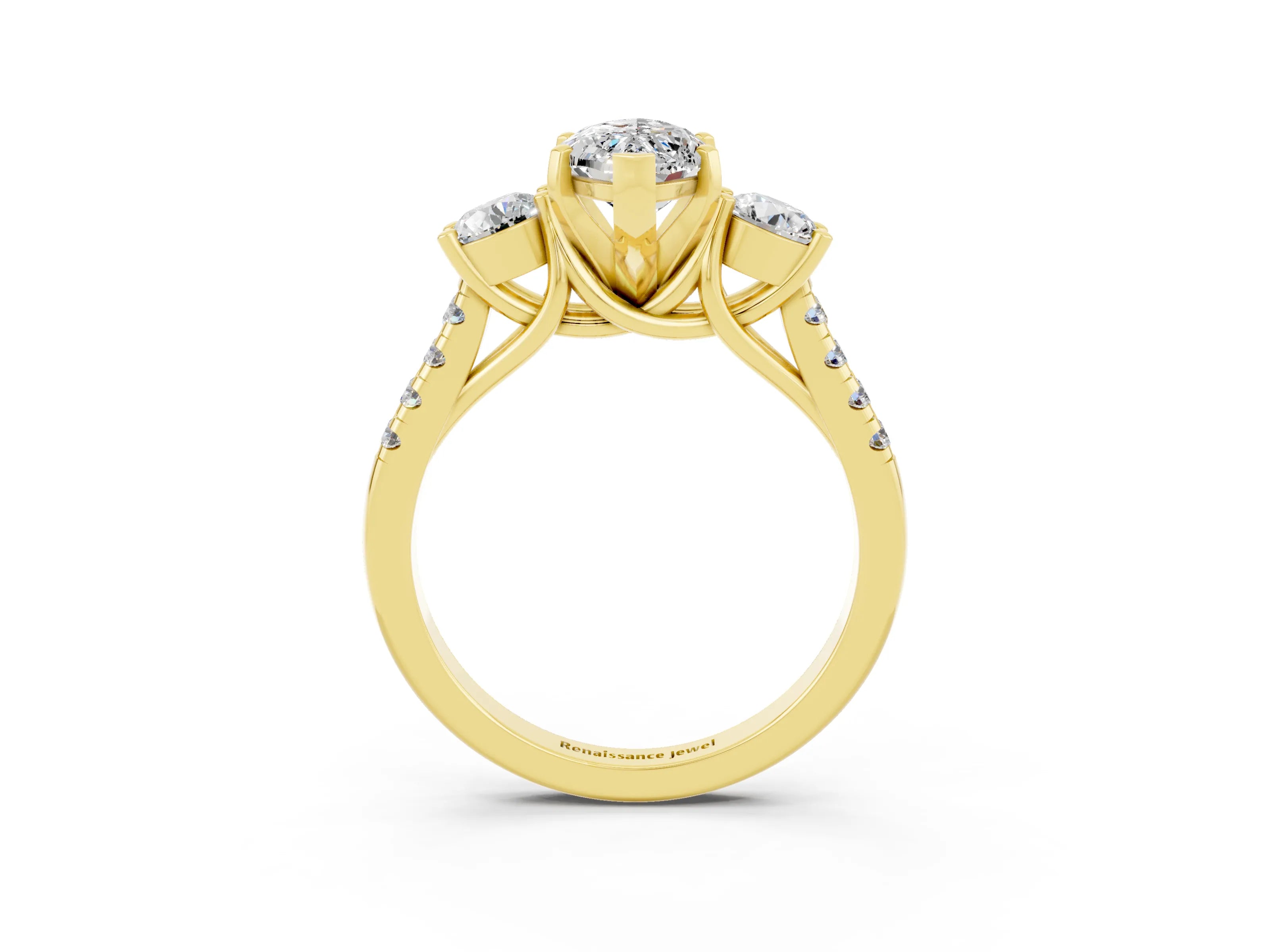 Yellow gold Three-Stone Marquise Cut Moissanite Pavé Band with Four-Prong Setting_3