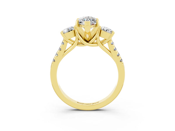 Yellow gold Three-Stone Marquise Cut Moissanite Pavé Band with Four-Prong Setting