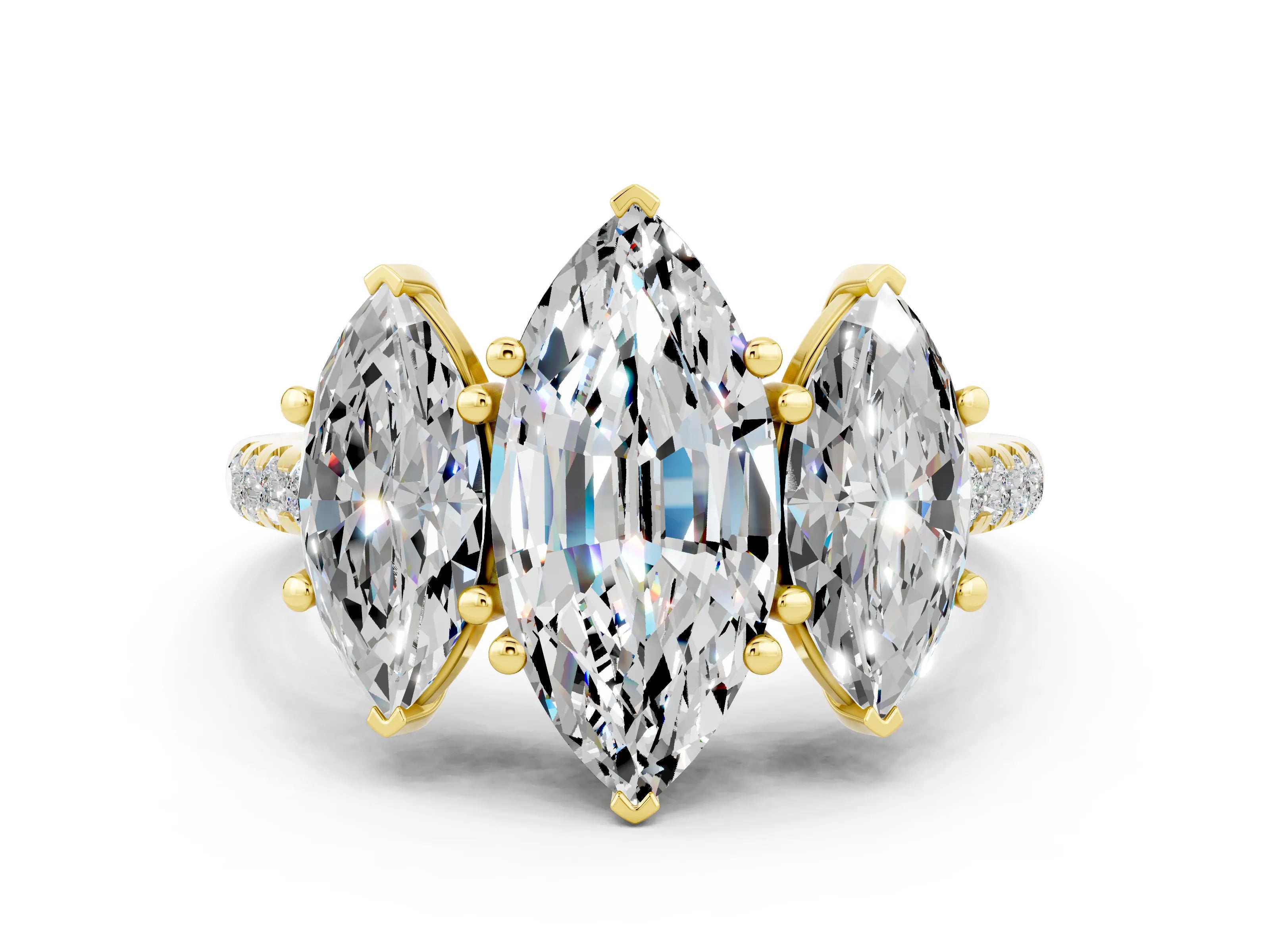 Yellow gold Three-Stone Marquise Cut Moissanite Ring with Pavé Band and Prong Setting_12