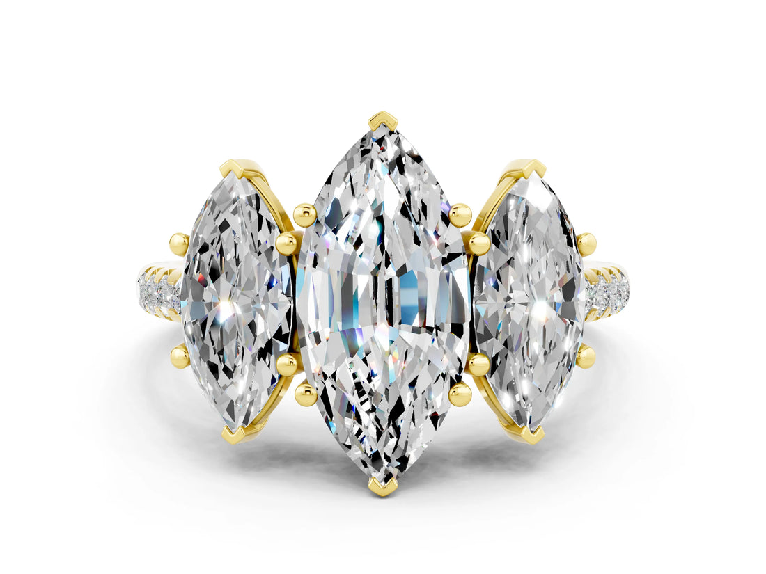 Yellow gold Three-Stone Marquise Cut Moissanite Ring with Pavé Band and Prong Setting_12