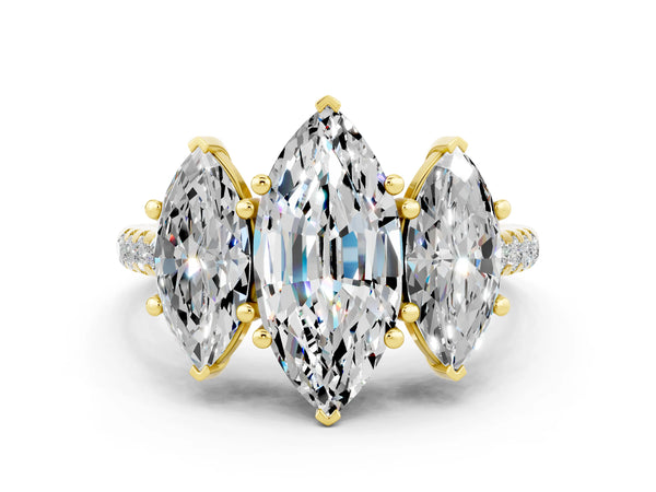 Yellow gold Three-Stone Marquise Cut Moissanite Ring with Round  Pavé Band and Prong Setting