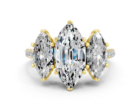 Yellow gold Three-Stone Marquise Cut Moissanite Ring with Pavé Band and Prong Setting_12