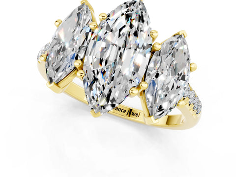 Yellow gold Three-Stone Marquise Cut Moissanite Ring with Pavé Band and Prong Setting_13