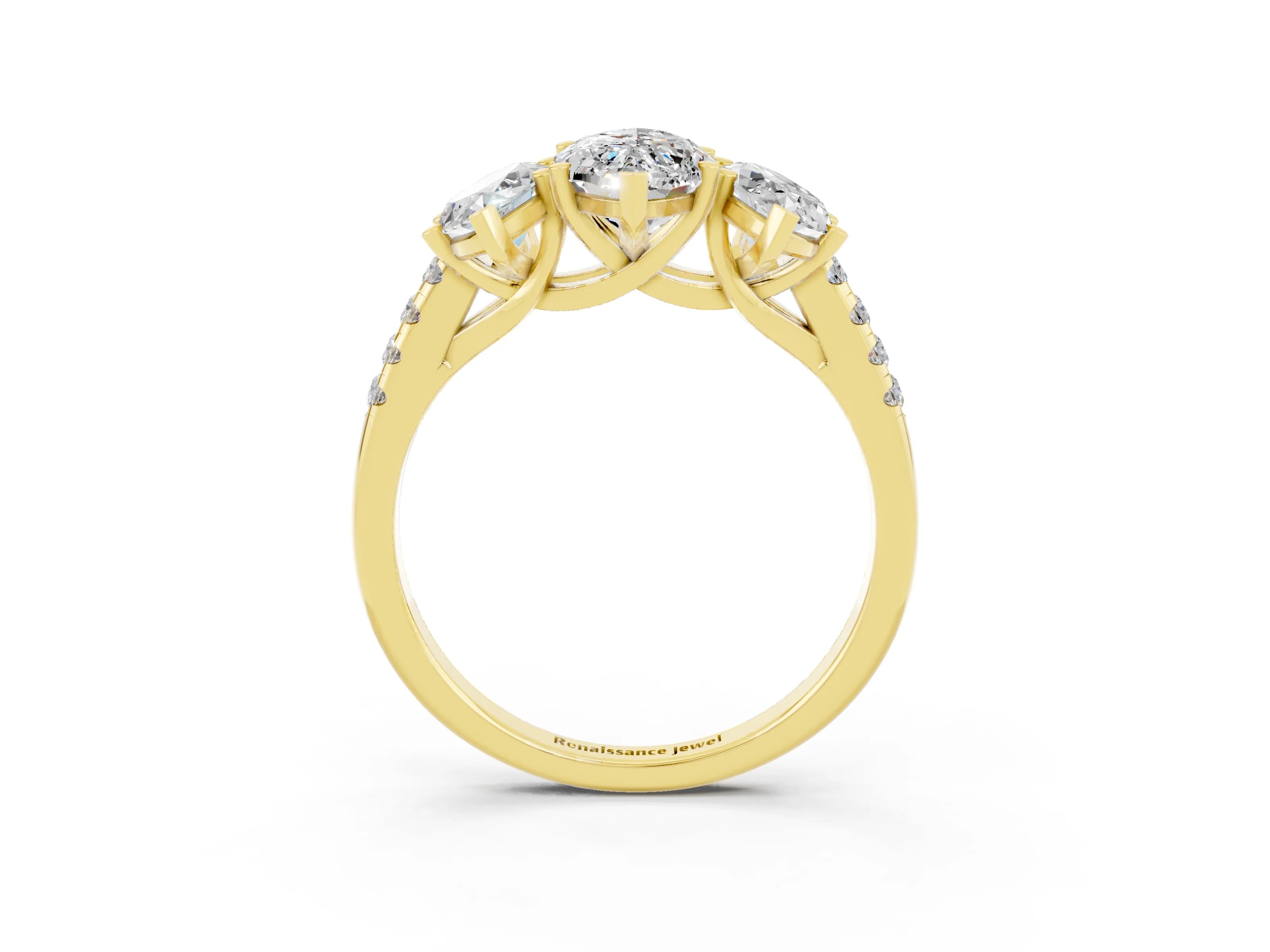 Yellow gold Three-Stone Marquise Cut Moissanite Ring with Pavé Band and Prong Setting_15