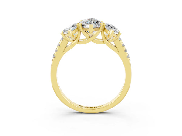 Yellow gold Three-Stone Marquise Cut Moissanite Ring with Round  Pavé Band and Prong Setting