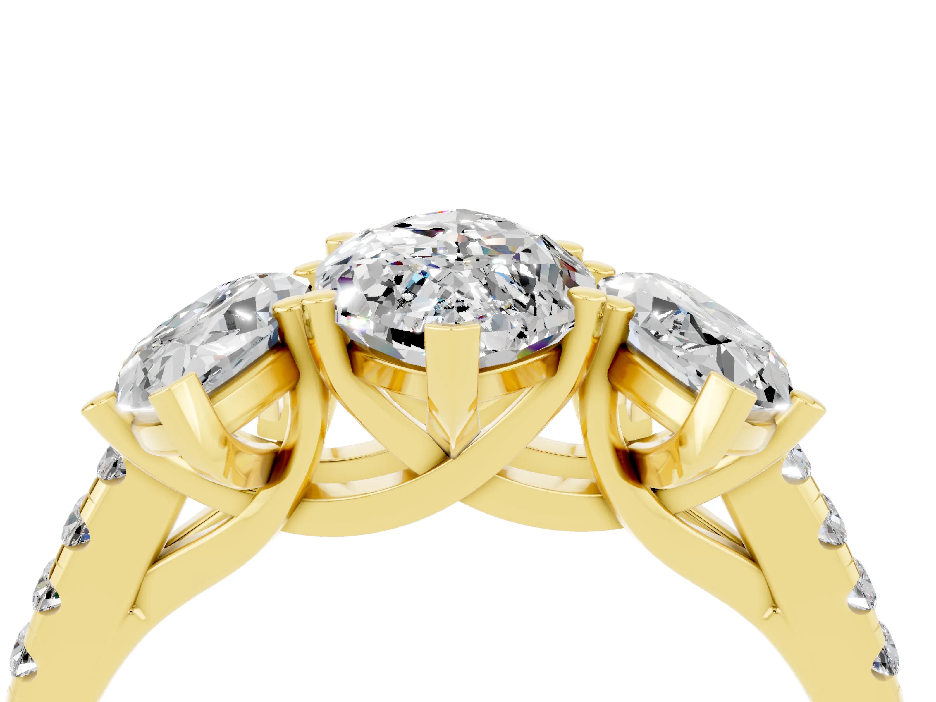 Yellow gold Three-Stone Marquise Cut Moissanite Ring with Pavé Band and Prong Setting_16