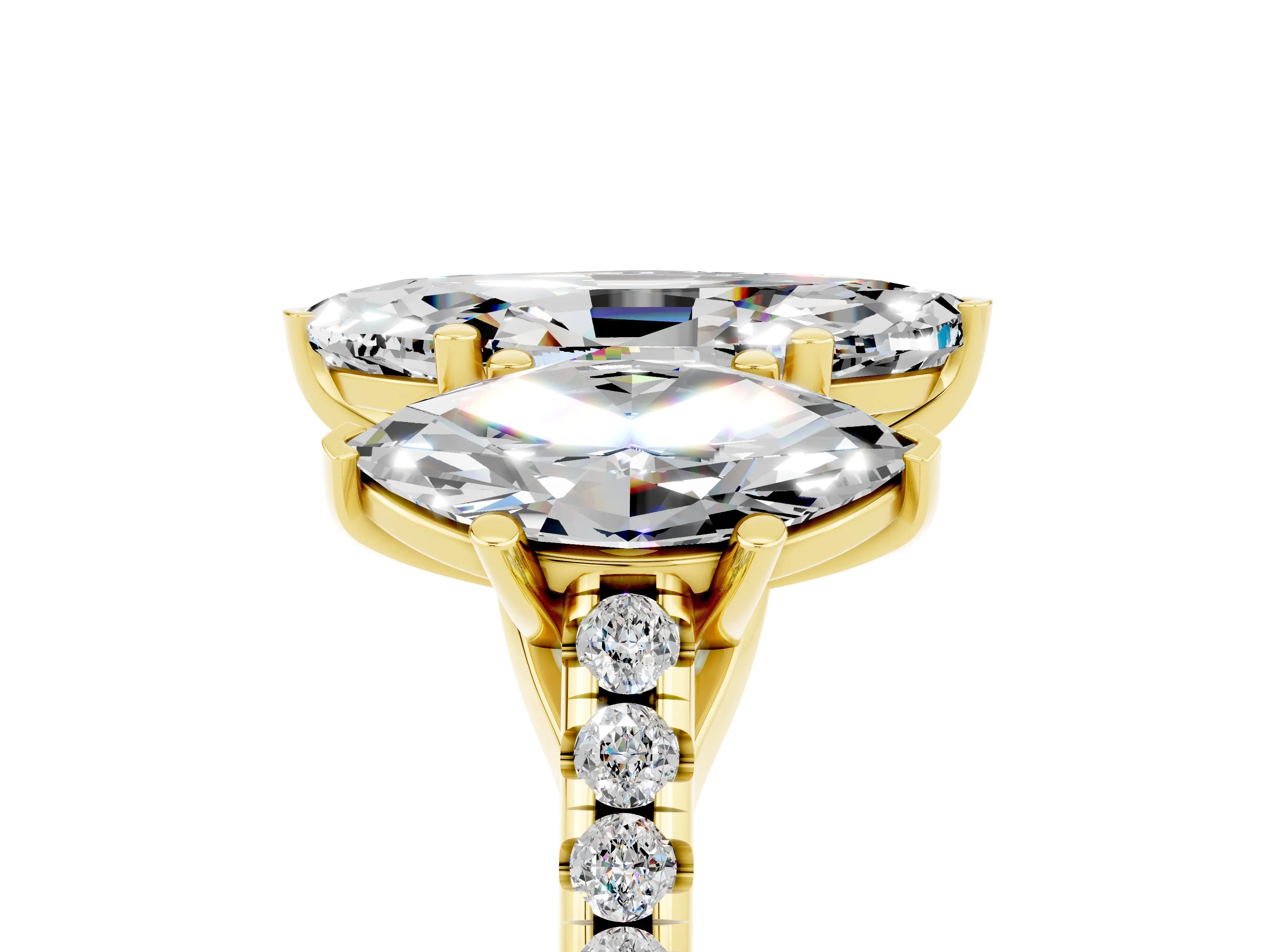 Yellow gold Three-Stone Marquise Cut Moissanite Ring with Pavé Band and Prong Setting_17