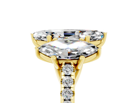 Yellow gold Three-Stone Marquise Cut Moissanite Ring with Pavé Band and Prong Setting_17