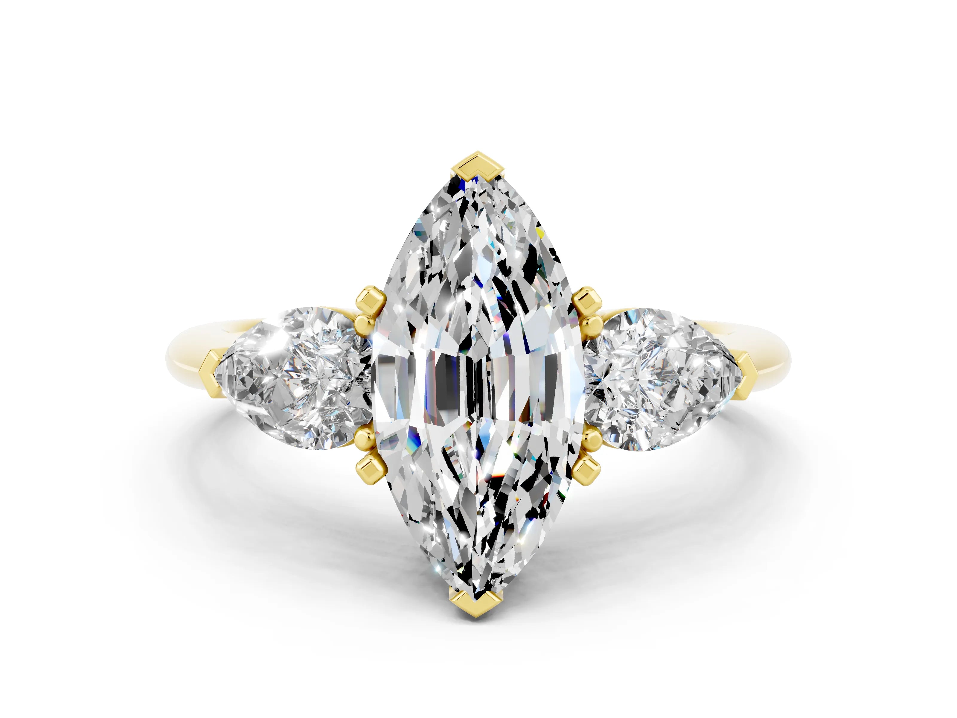 Yellow gold Three-Stone Marquise Cut Moissanite Ring with Pear Side Stones and Four-Prong Setting
