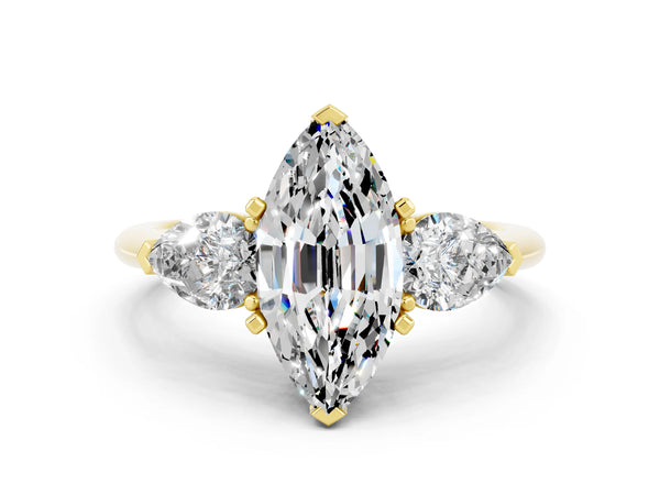 Yellow gold Three-Stone Marquise Cut Moissanite Ring with Pear Side Stones and Four-Prong Setting
