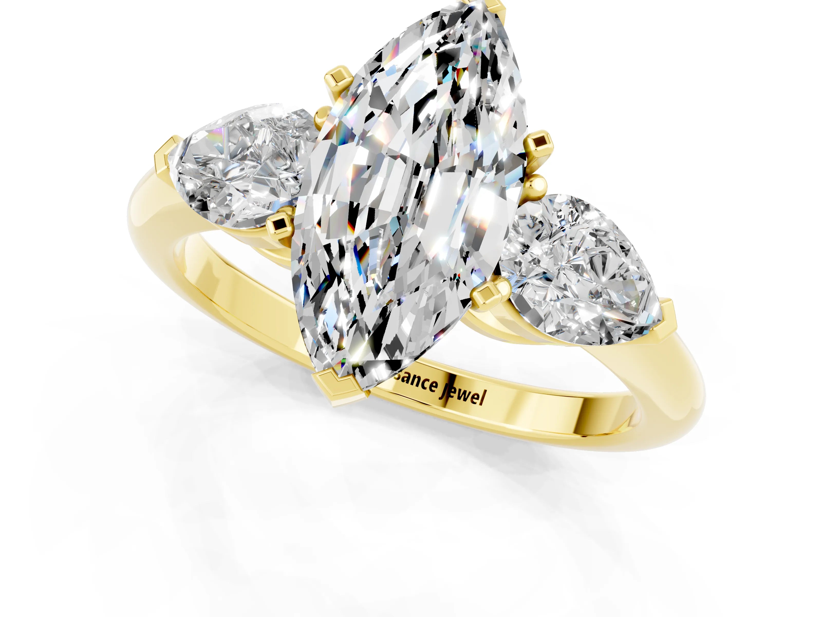 Yellow gold Three-Stone Marquise Cut Moissanite Ring with Pear Side Stones and Four-Prong Setting_1