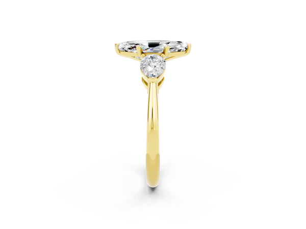 Yellow gold Three-Stone Marquise Cut Moissanite Ring with Pear Side Stones and Four-Prong Setting