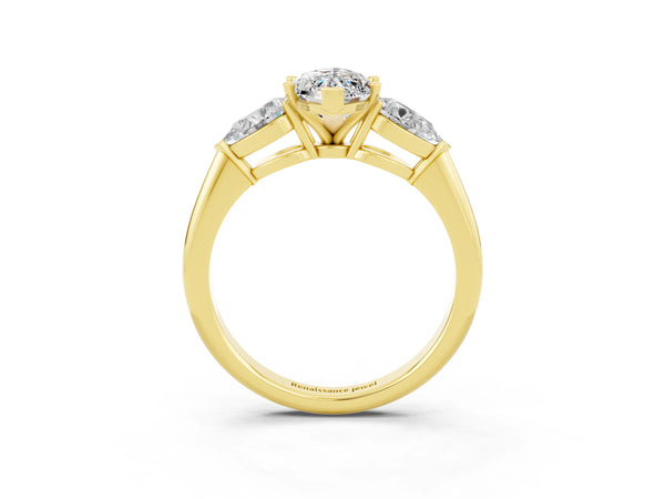 Yellow gold Three-Stone Marquise Cut Moissanite Ring with Pear Side Stones and Four-Prong Setting