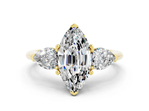 Yellow gold Three-Stone Marquise Cut Moissanite Ring with Pear Side Stones and Four-Prong Setting
