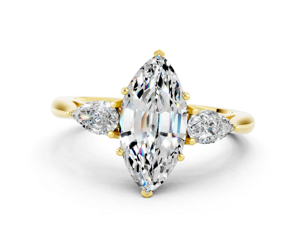 Yellow gold Three-Stone Marquise Cut Moissanite Ring with Pear  Side Stones in Four-Prong Setting