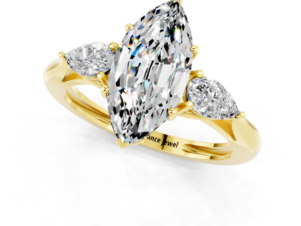 Yellow gold Three-Stone Marquise Cut Moissanite Ring with Pear  Side Stones in Four-Prong Setting