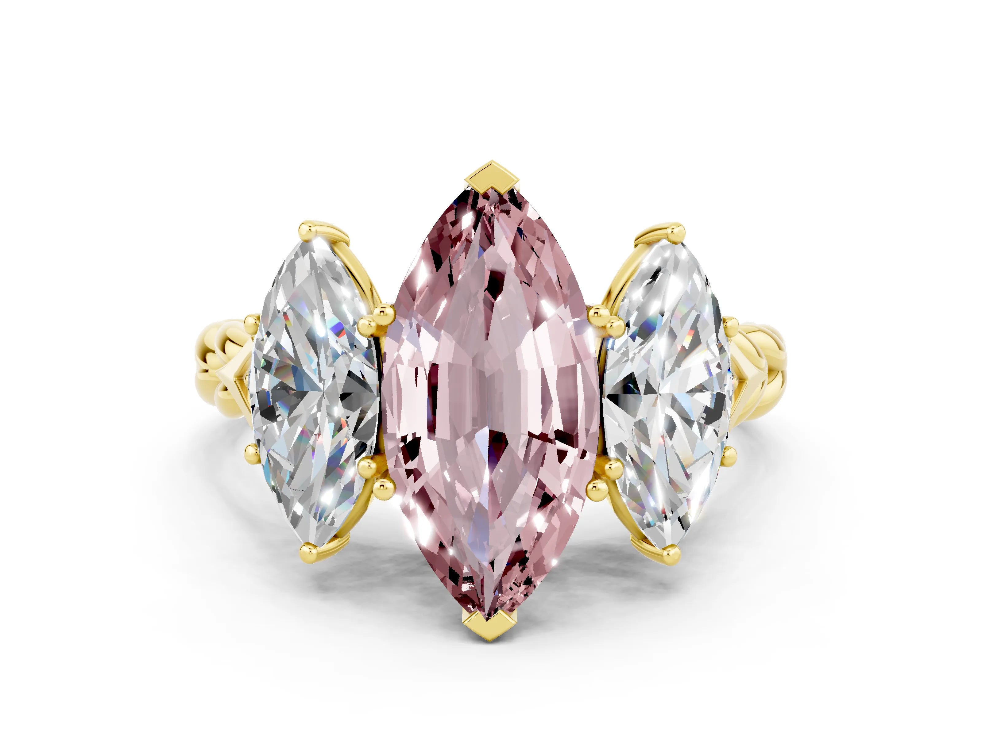 Yellow gold Three-Stone Marquise Cut Morganite Braided Band Ring with Four-Prong Setting_12