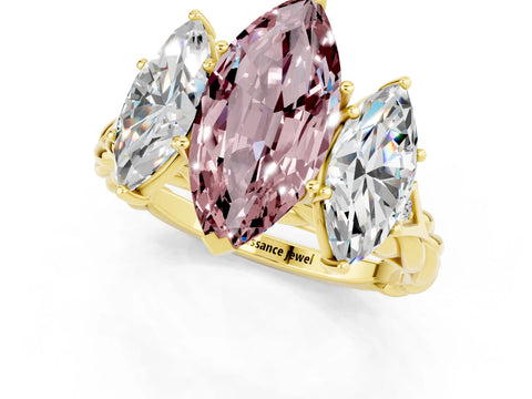 Yellow gold Three-Stone Marquise Cut Morganite Braided Band Ring with Four-Prong Setting_13