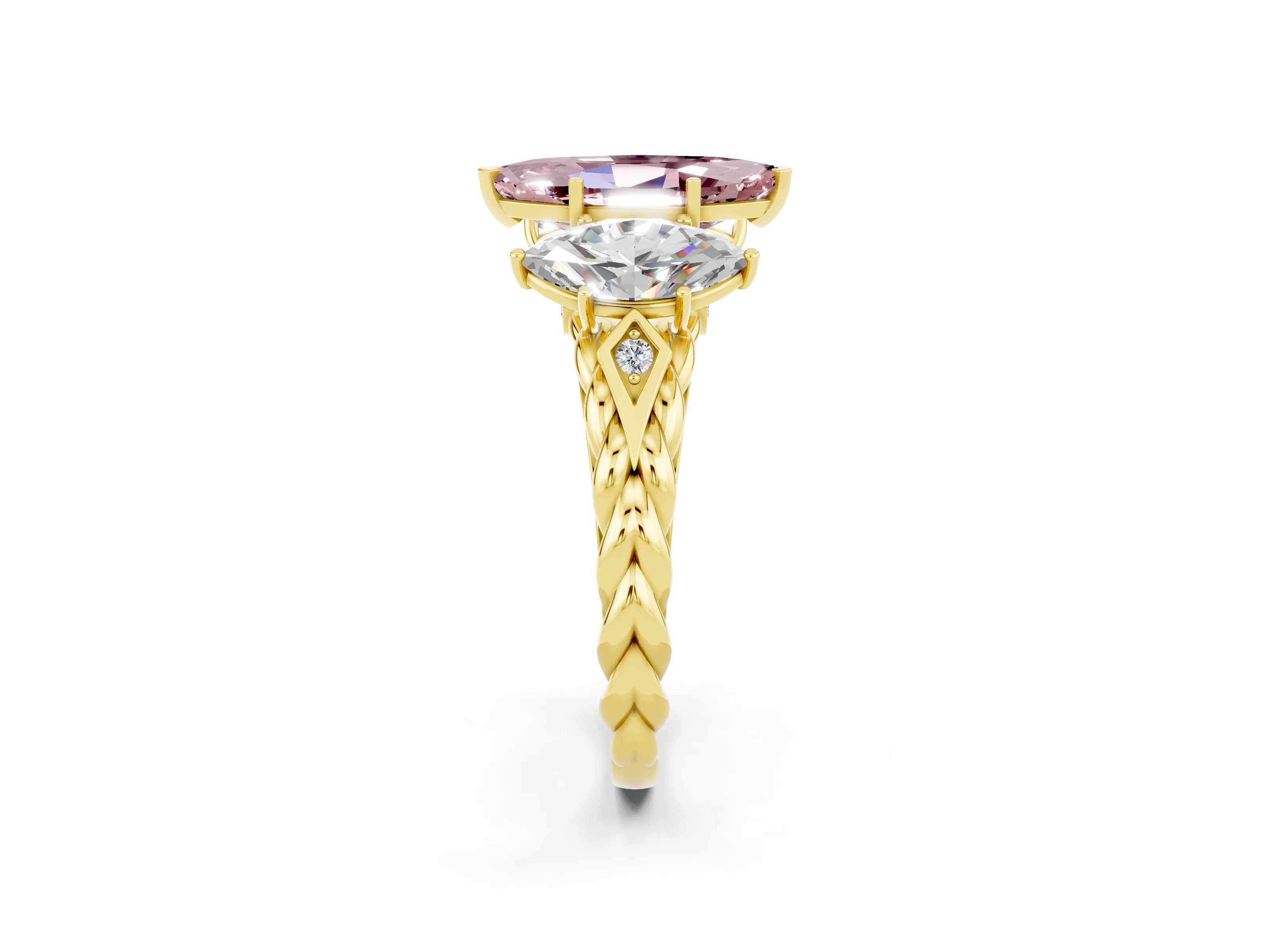 Yellow gold Three-Stone Marquise Cut Morganite Braided Band Ring with Four-Prong Setting_14