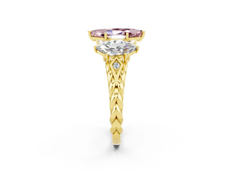 Yellow gold Three-Stone Marquise Cut Morganite Braided Band Ring with Four-Prong Setting_14