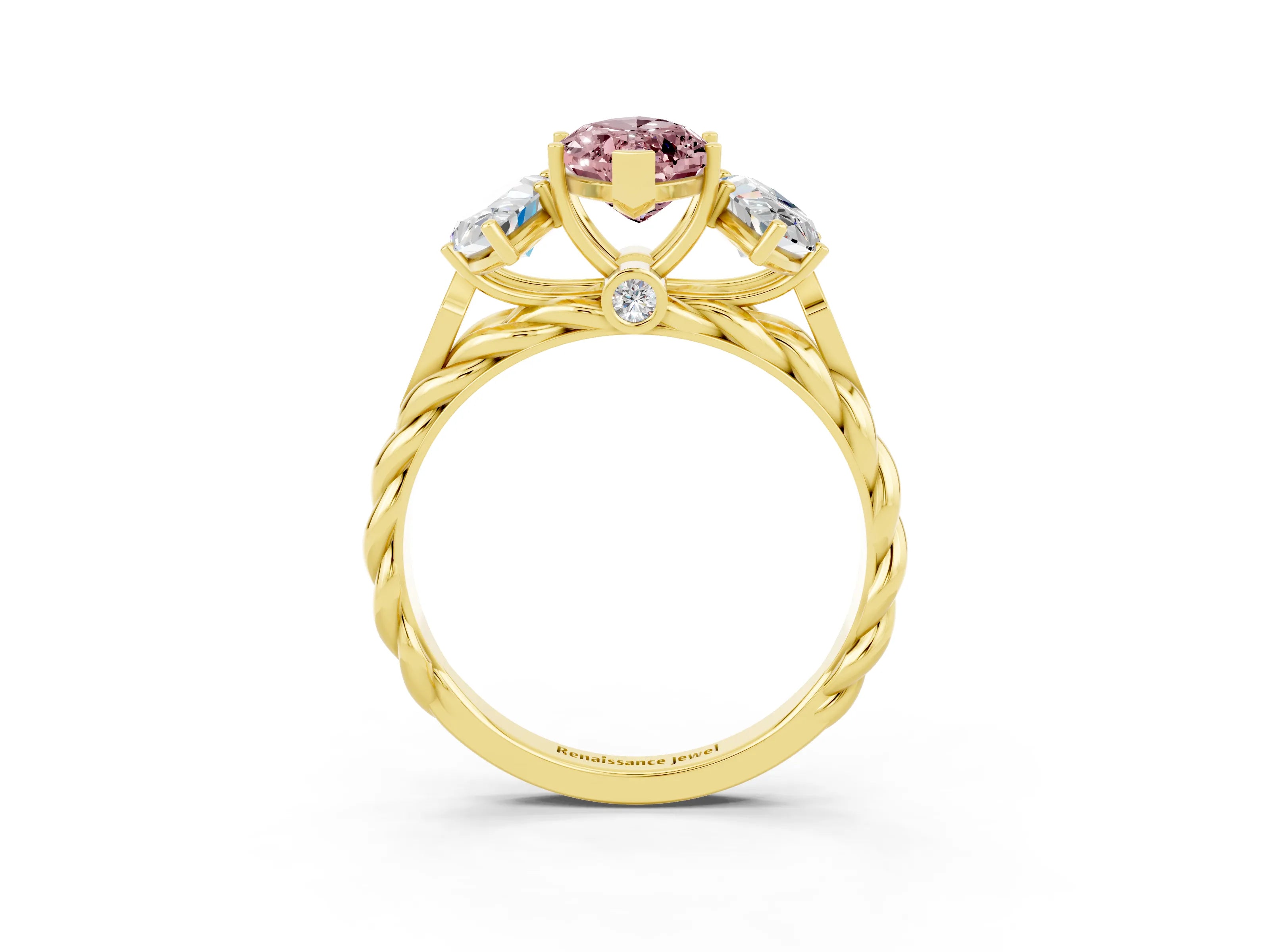 Yellow gold Three-Stone Marquise Cut Morganite Braided Band Ring with Four-Prong Setting_15