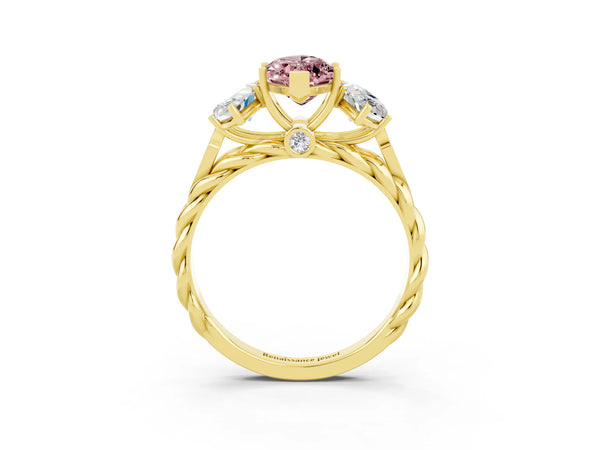 Yellow gold Three-Stone Marquise Cut Morganite Braided Band Ring with Four-Prong Setting