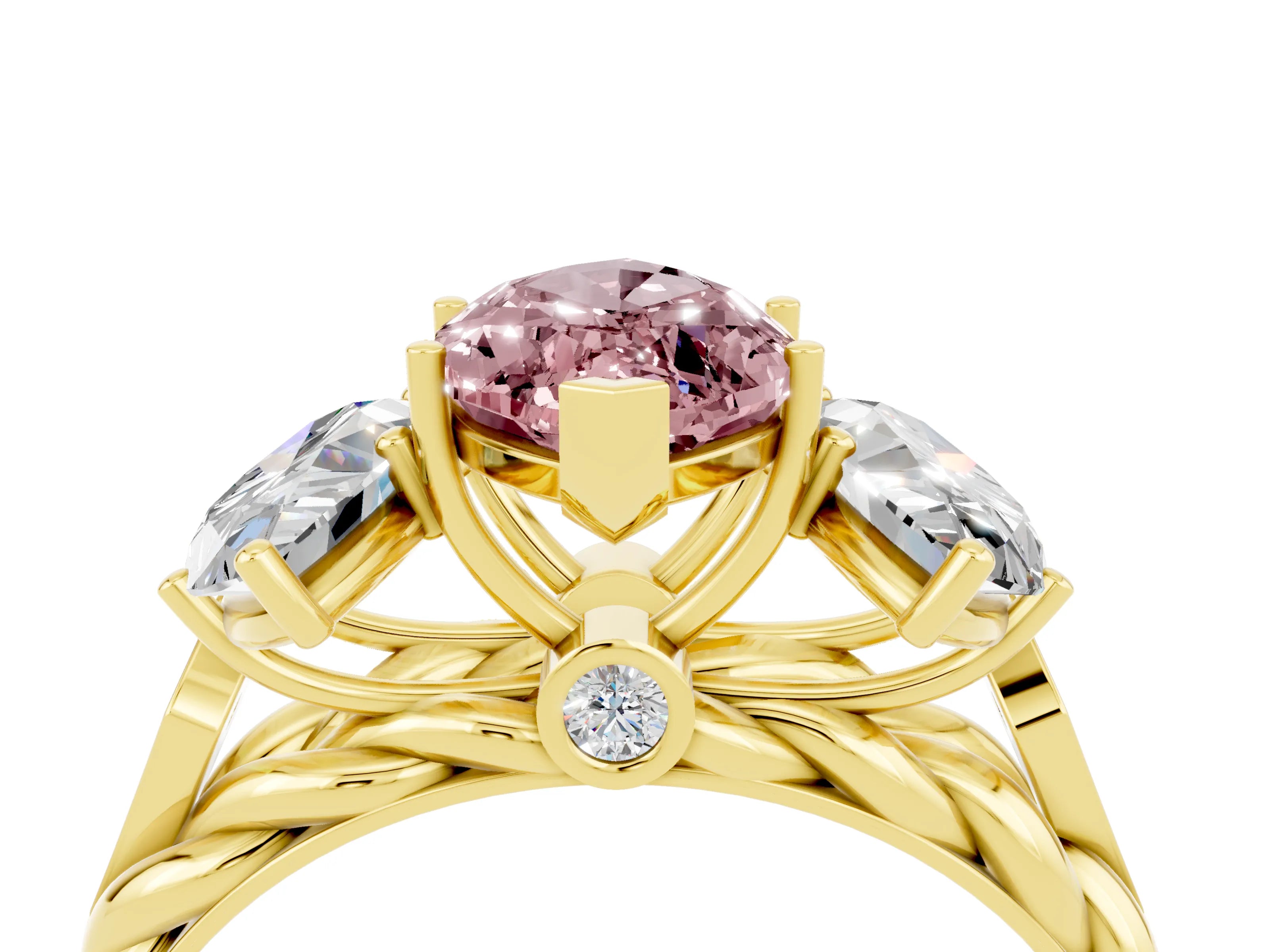 Yellow gold Three-Stone Marquise Cut Morganite Braided Band Ring with Four-Prong Setting_16