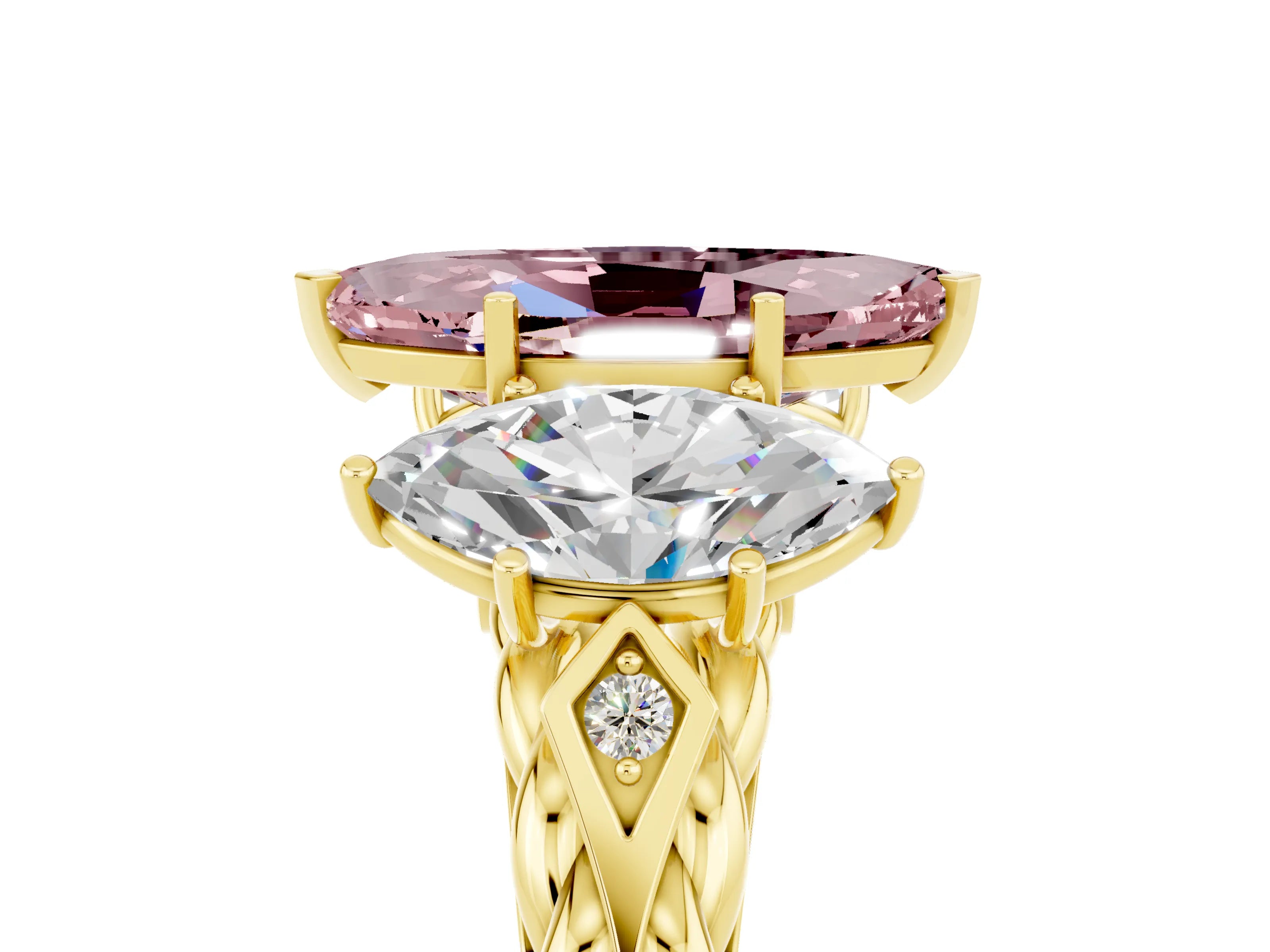 Yellow gold Three-Stone Marquise Cut Morganite Braided Band Ring with Four-Prong Setting_17