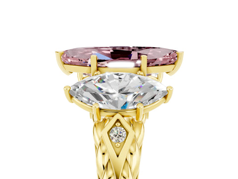 Yellow gold Three-Stone Marquise Cut Morganite Braided Band Ring with Four-Prong Setting_17