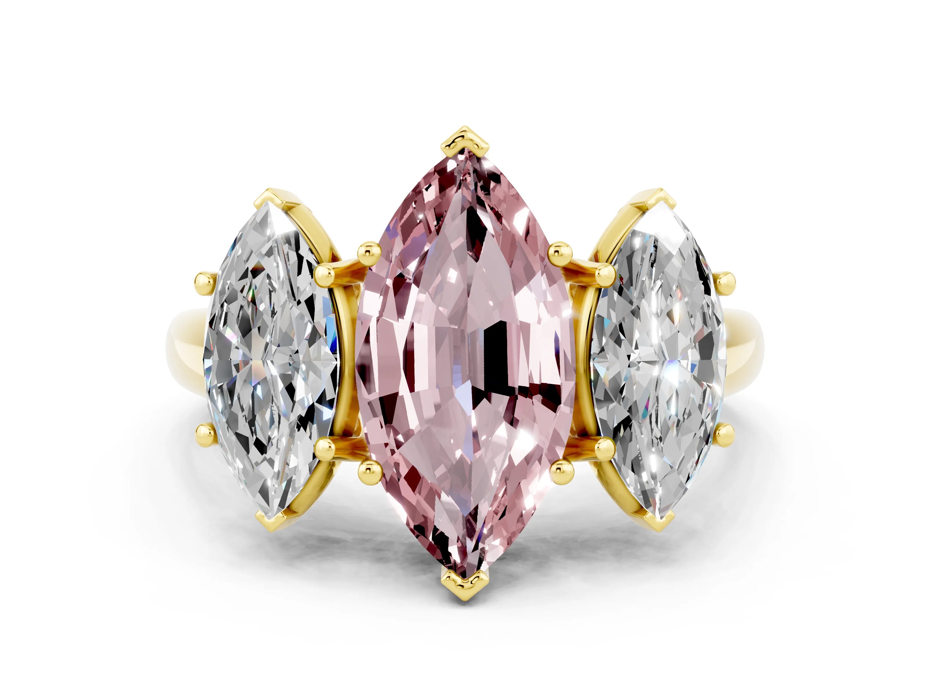 Yellow gold Three-Stone Marquise Cut Morganite Engagement Ring with Prong Setting