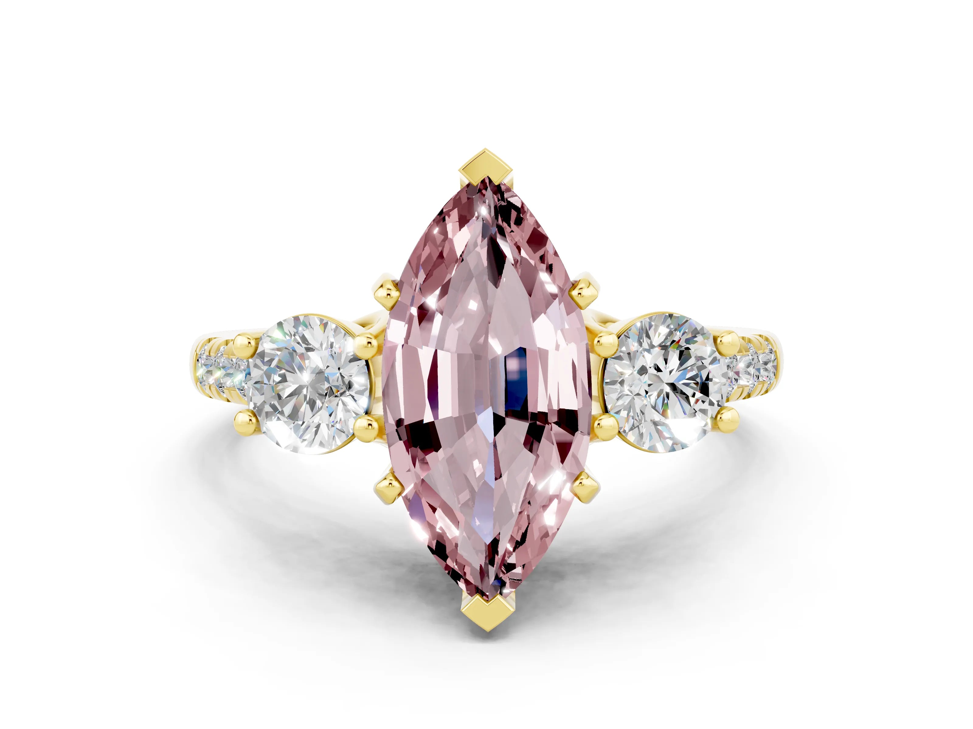 Yellow gold Three-Stone Marquise Cut Morganite Pavé Band with Four-Prong Setting