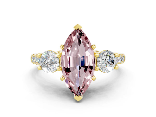 Yellow gold Three-Stone Marquise Cut Morganite Pavé Band with Four-Prong Setting
