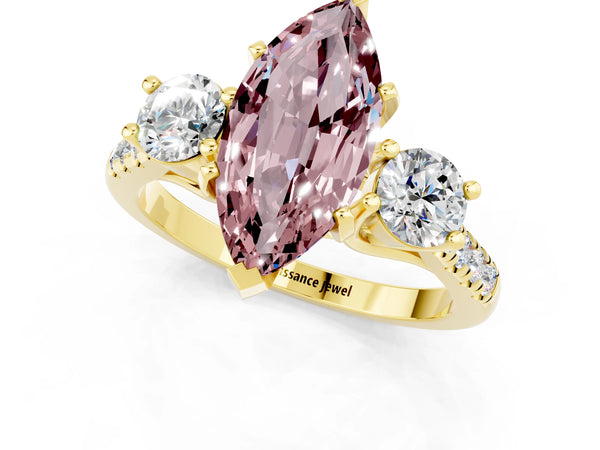 Yellow gold Three-Stone Marquise Cut Morganite Pavé Band with Four-Prong Setting