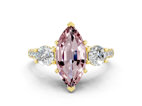 Yellow gold Three-Stone Marquise Cut Morganite Pavé Band with Four-Prong Setting