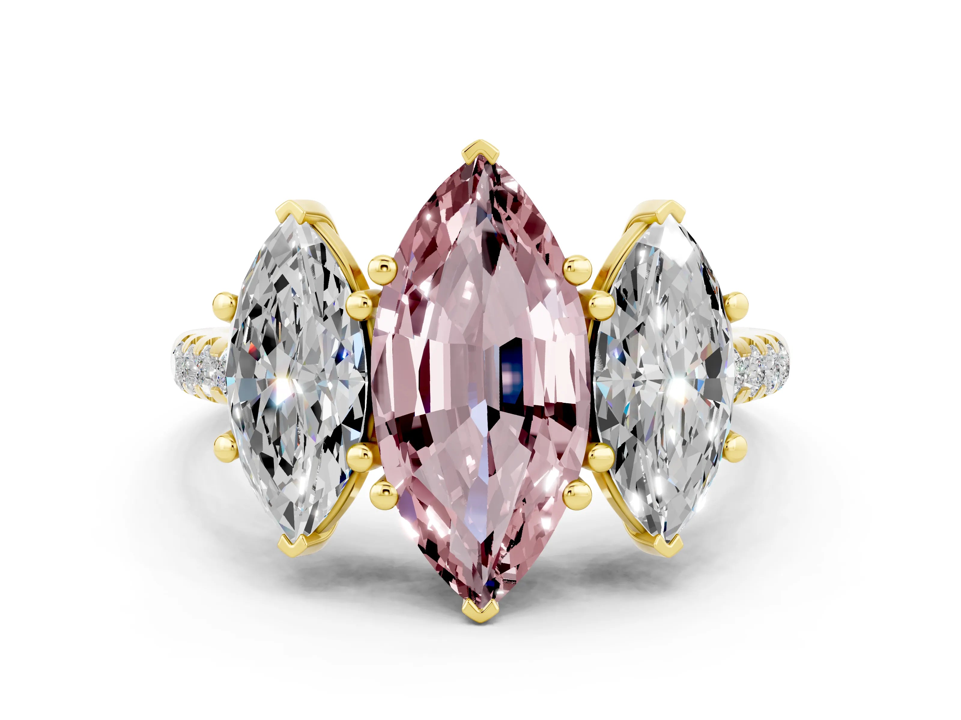Yellow gold Three-Stone Marquise Cut Morganite Ring with Pavé Band and Prong Setting_12