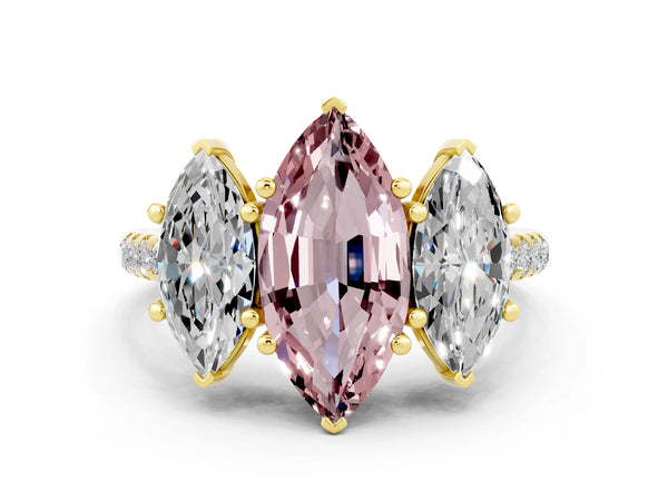 Yellow gold Three-Stone Marquise Cut Morganite Ring with Round  Pavé Band and Prong Setting