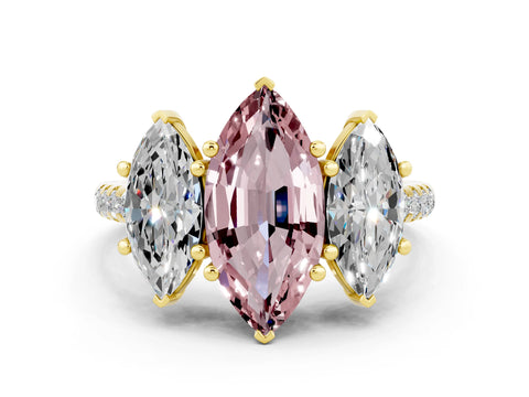 Yellow gold Three-Stone Marquise Cut Morganite Ring with Pavé Band and Prong Setting_12
