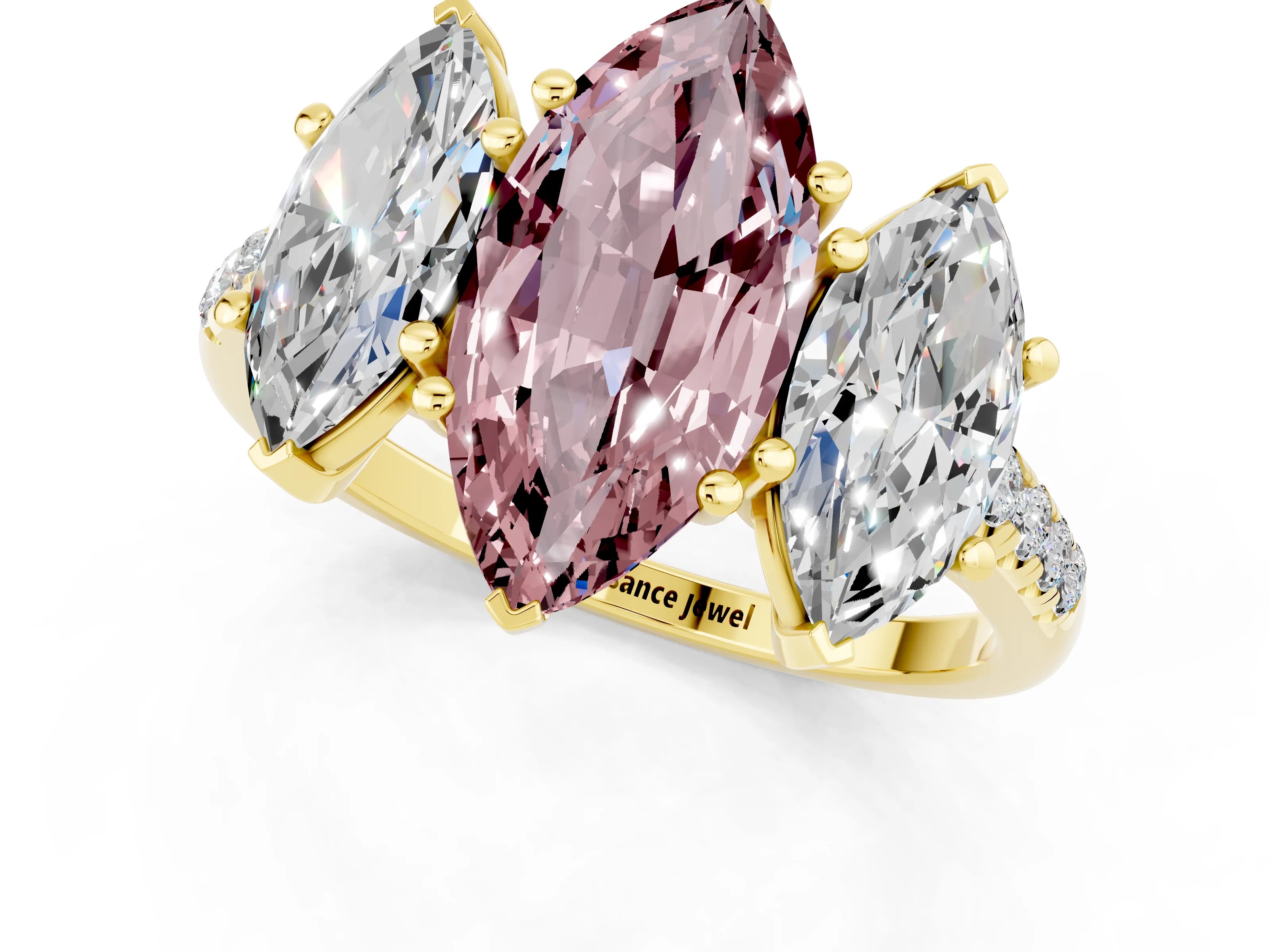 Yellow gold Three-Stone Marquise Cut Morganite Ring with Pavé Band and Prong Setting_13