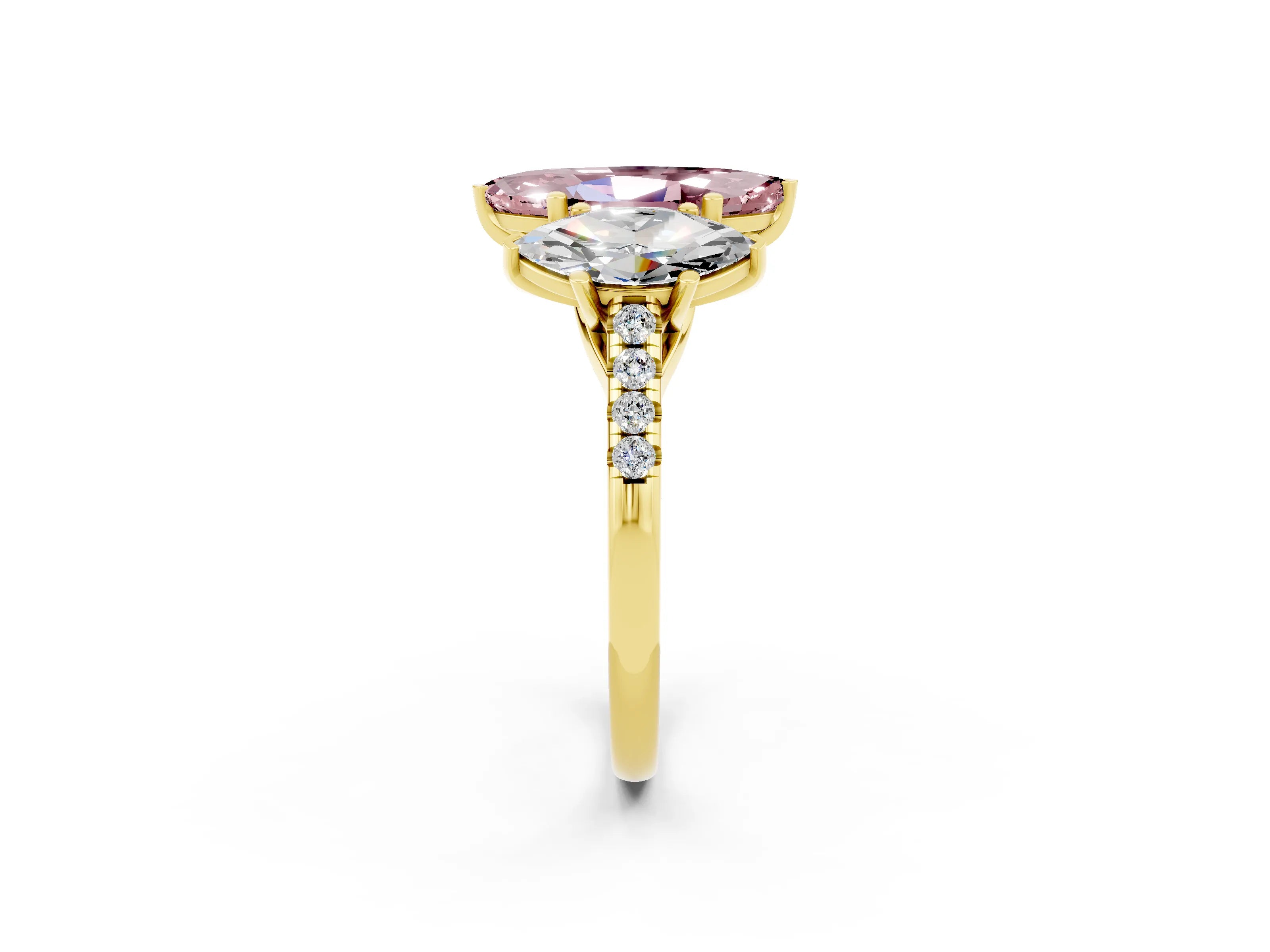 Yellow gold Three-Stone Marquise Cut Morganite Ring with Pavé Band and Prong Setting_14