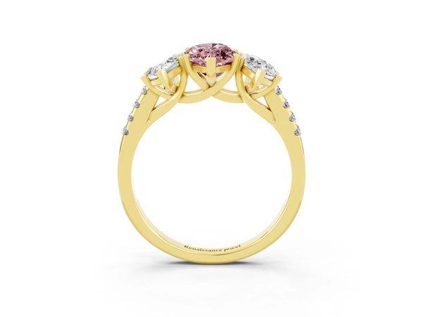 Yellow gold Three-Stone Marquise Cut Morganite Ring with Round  Pavé Band and Prong Setting