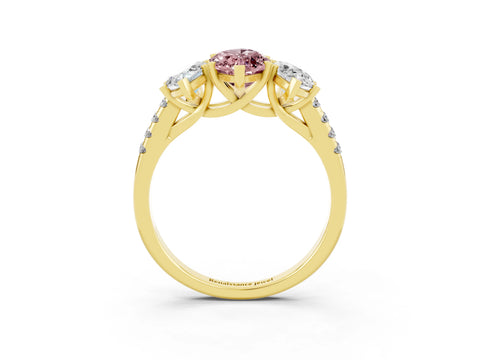 Yellow gold Three-Stone Marquise Cut Morganite Ring with Pavé Band and Prong Setting_15