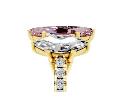 Yellow gold Three-Stone Marquise Cut Morganite Ring with Pavé Band and Prong Setting_17