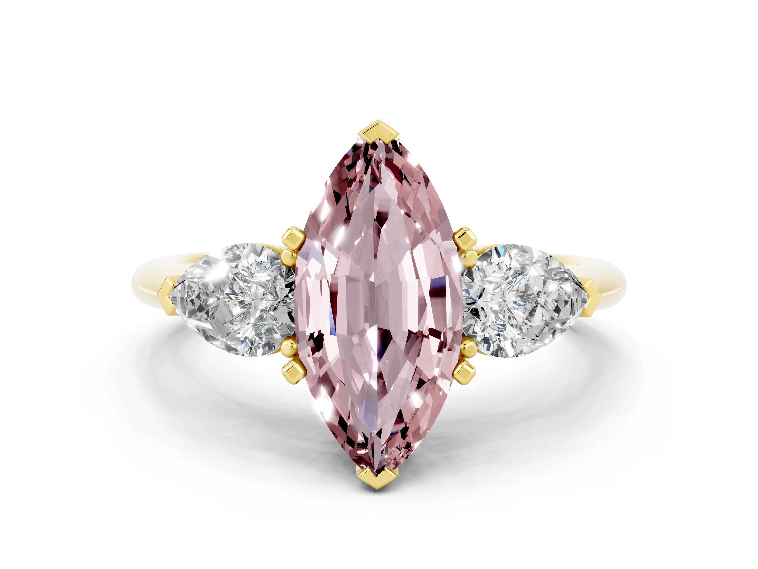 Yellow gold Three-Stone Marquise Cut Morganite Ring with Pear Side Stones and Four-Prong Setting