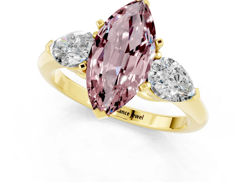 Yellow gold Three-Stone Marquise Cut Morganite Ring with Pear Side Stones and Four-Prong Setting_1