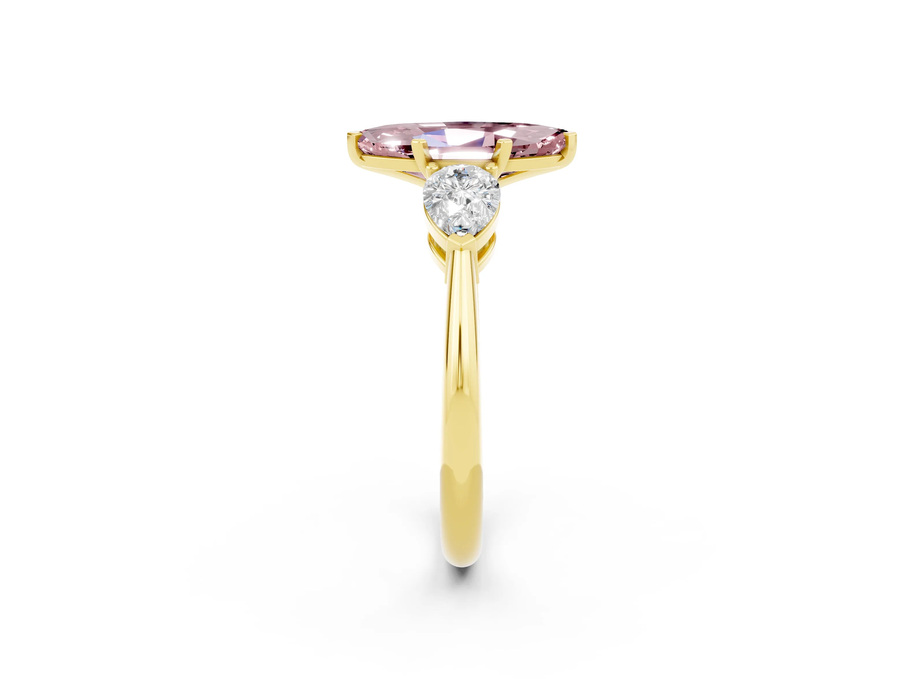 Yellow gold Three-Stone Marquise Cut Morganite Ring with Pear Side Stones and Four-Prong Setting_2