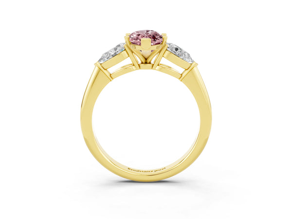 Yellow gold Three-Stone Marquise Cut Morganite Ring with Pear Side Stones and Four-Prong Setting