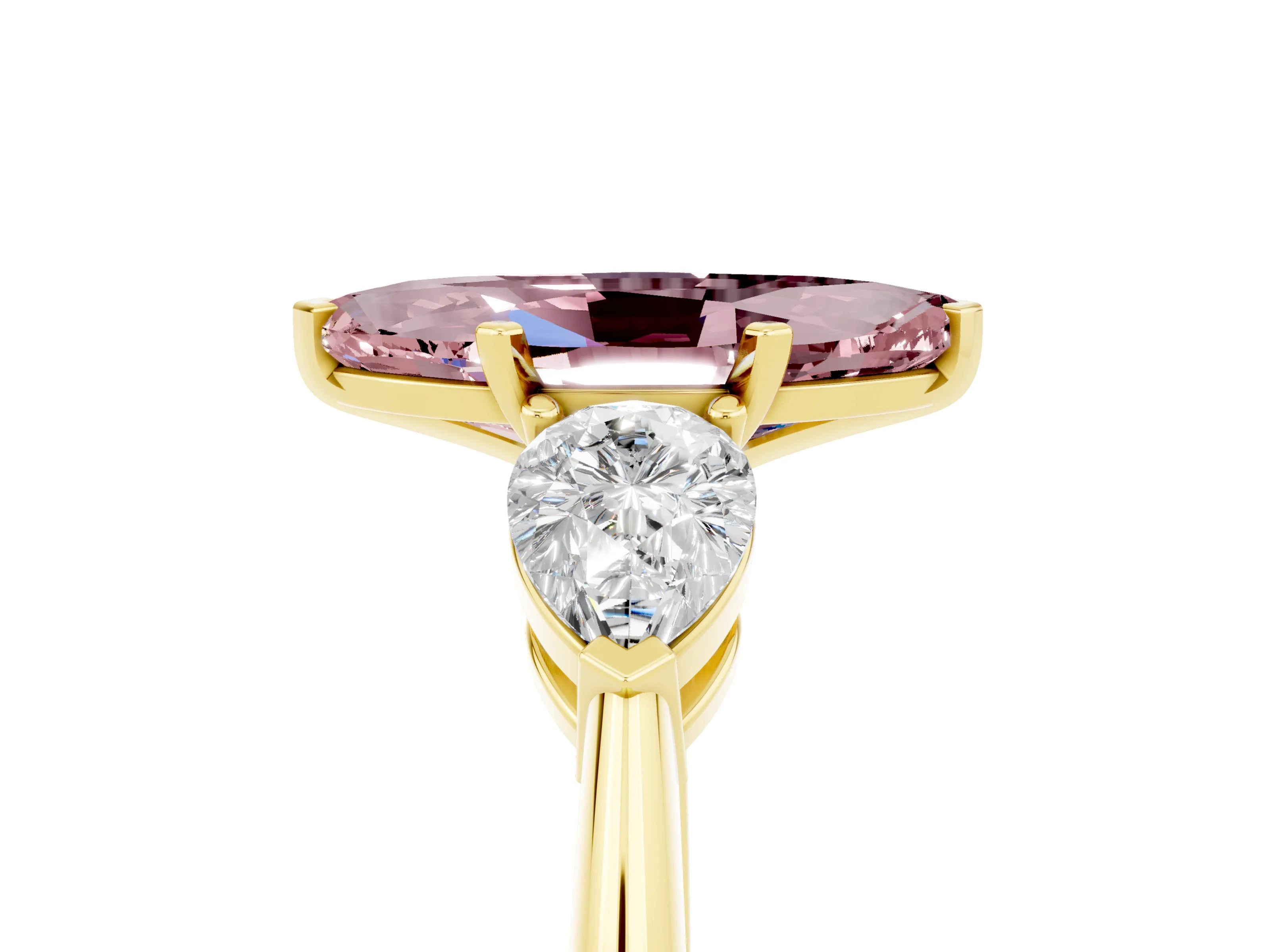 Yellow gold Three-Stone Marquise Cut Morganite Ring with Pear Side Stones and Four-Prong Setting_5