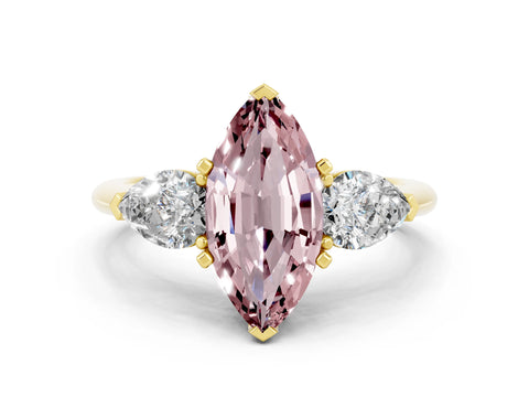 Yellow gold Three-Stone Marquise Cut Morganite Ring with Pear Side Stones and Four-Prong Setting