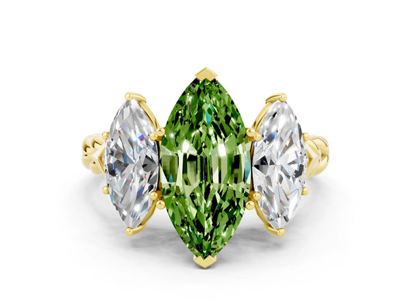 Yellow gold Three-Stone Marquise Cut Peridot Braided Band Ring with Four-Prong Setting